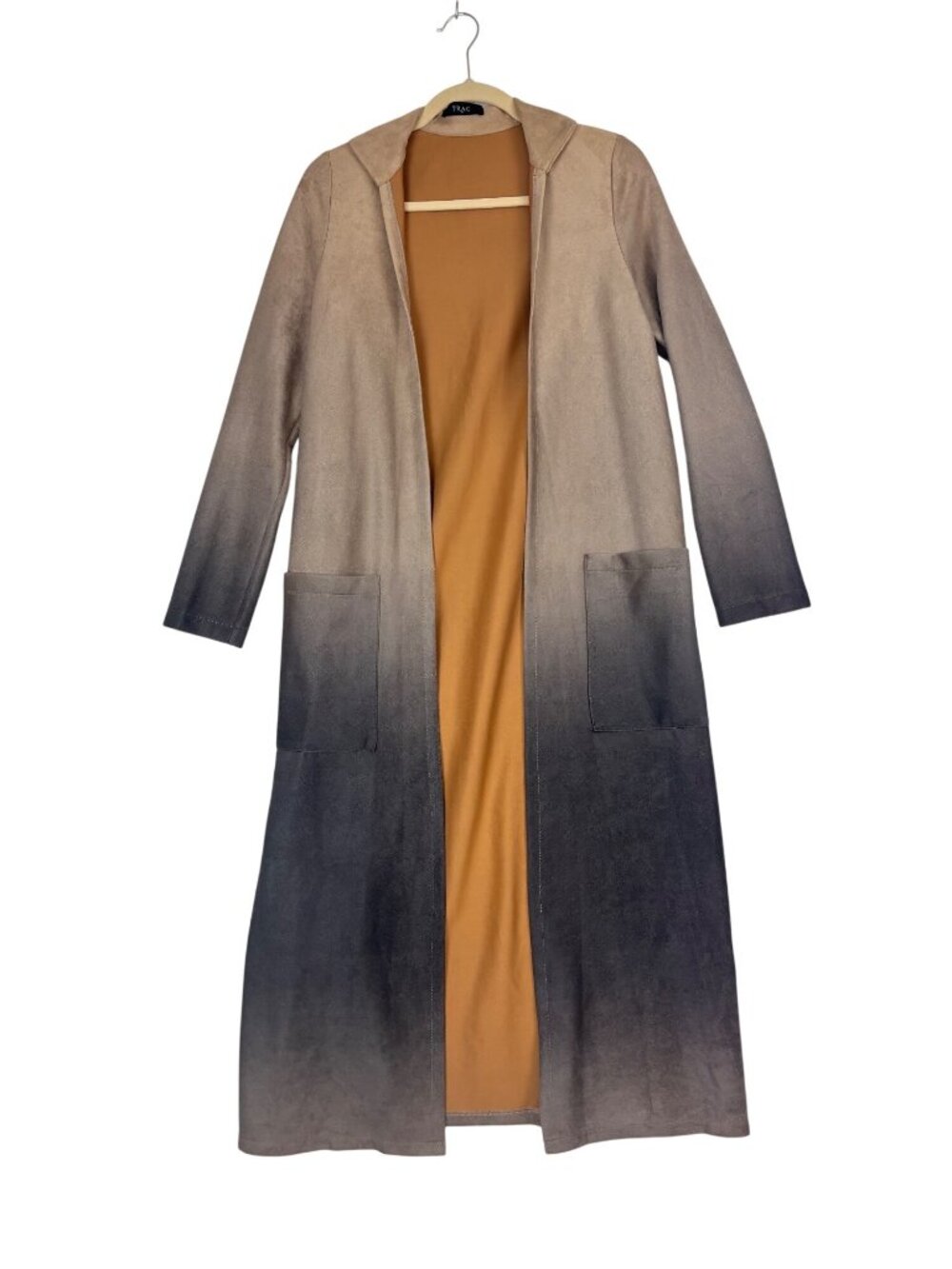 Trac M Duster Open Front Jacket Top Faux Suede Ombre Pockets Beige Gray Gradient